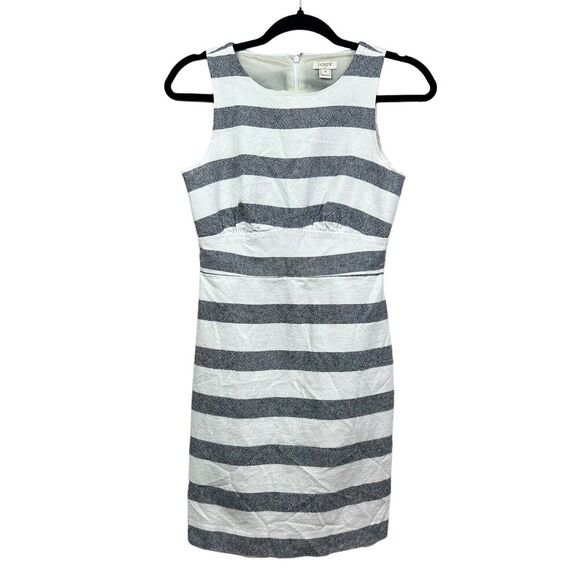 J. Crew Womens Sheath Dress Linen Blend Striped Basket Weave Gray Cream Sz 0 - Picture 1 of 5